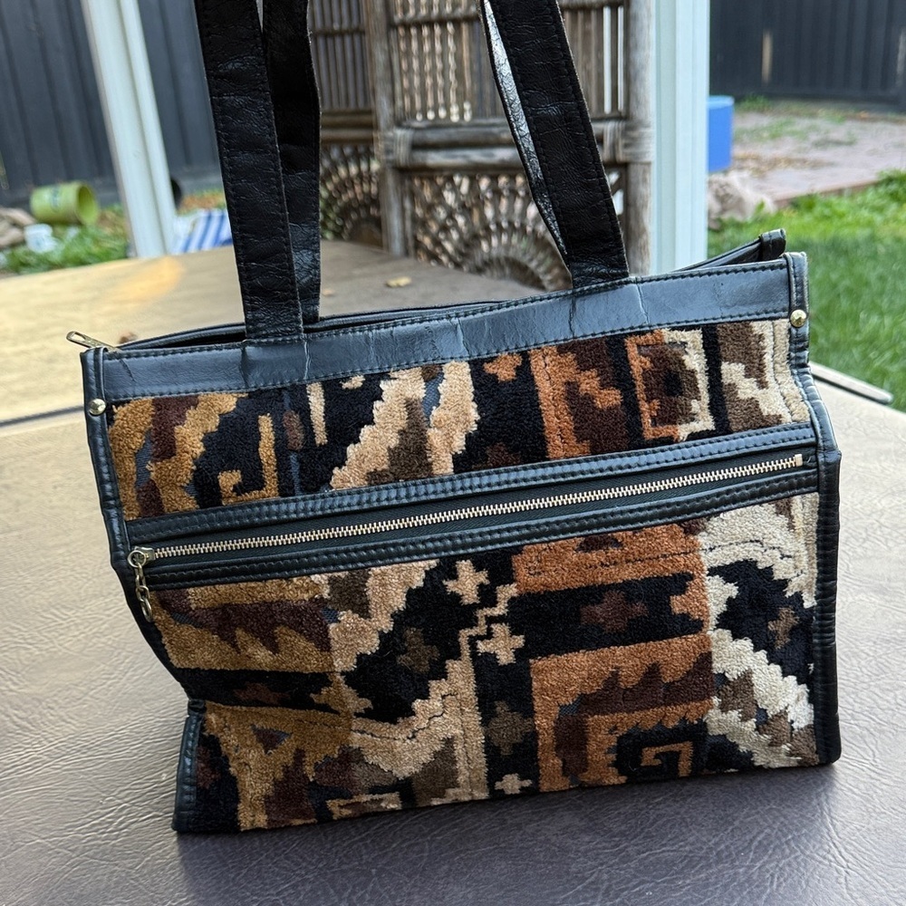 Vintage Black and Brown Patterned Tote Bag couch fabric velvet